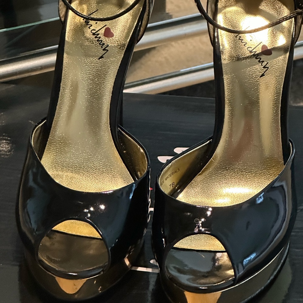 Luichiny “Tabitha” Black and Gold Ankle Strap Stiletto Peep-Toe Heels